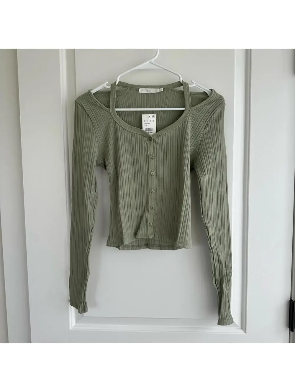 Lush Cotton Long Sleeve Scoop Neck Cotton Button Cut Out Rib Top SAGE Small